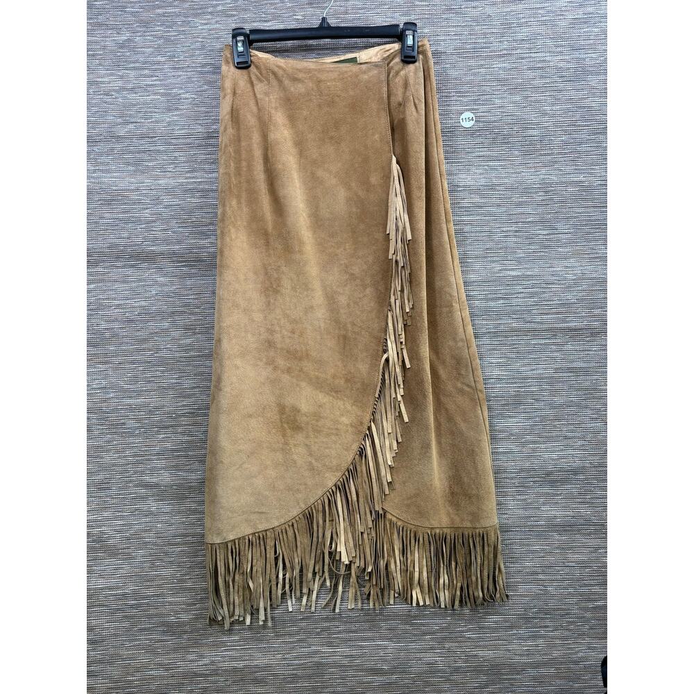 Liz Roberts Robert Elliot Skirt Womens 8 Beige Suede Fringe Wrap Long Boho - Picture 1 of 6